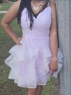 Lavendar Ruffled V-Neck Sparkly Tulle Homecoming Prom Dress